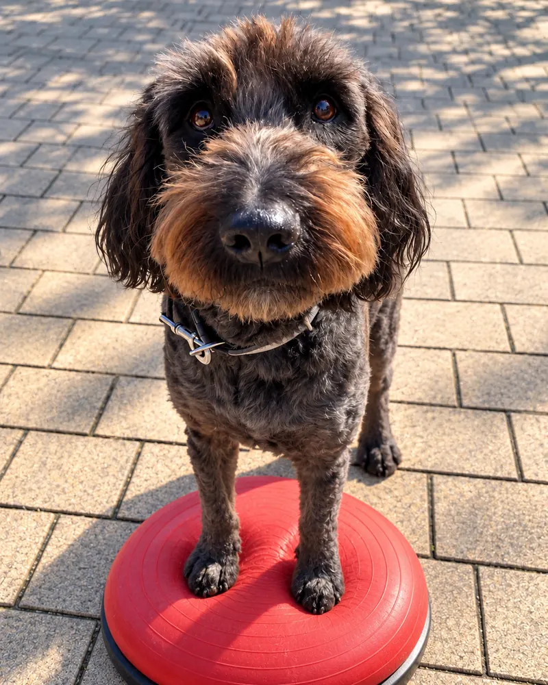 Hund steht beim Gleichgewichtstraining auf einem roten Balancekissen