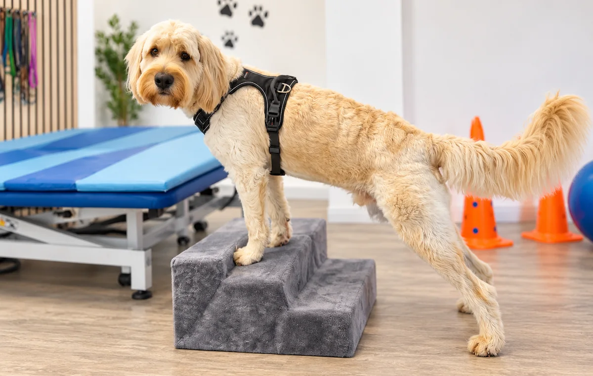 Goldendoodle beim Koordinationstraining auf einer Stufe in der Praxis in Bad Oldesloe