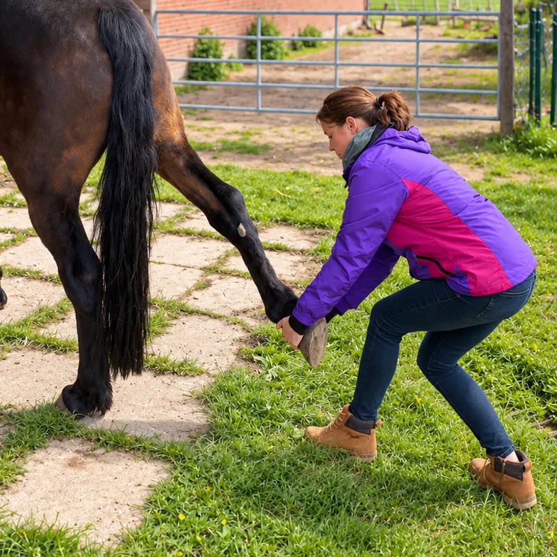 Mobilisation des Hinterbeins bei einem Pferd auf dem Hof